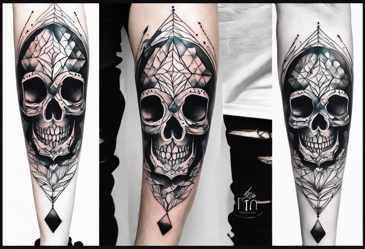 knee tattoo with skull and water colors and shapes tattoo idea