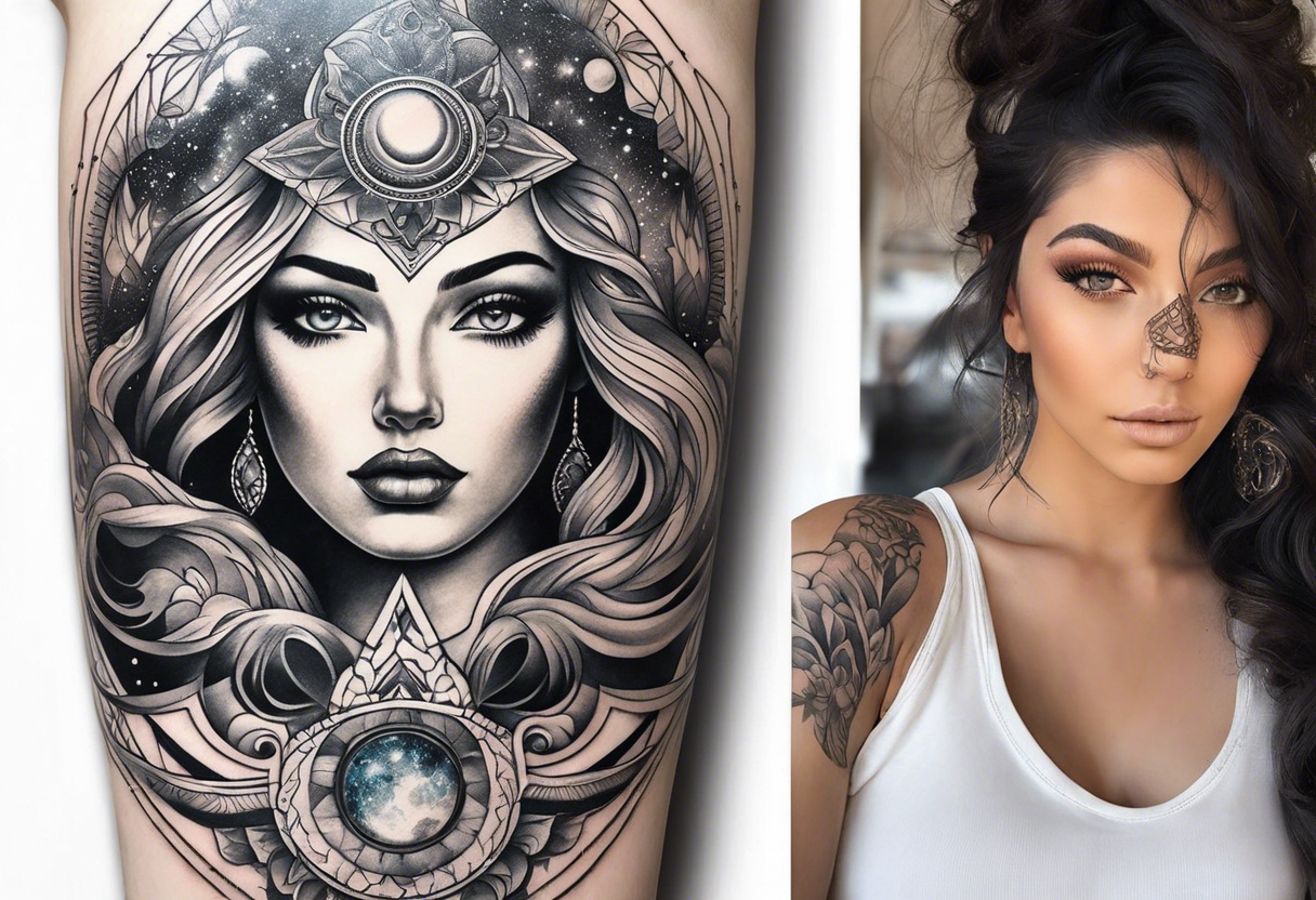 A surrealistic forarm sleeve tattoo featuring beautiful goddess’s face with glowing eyes creating the universe tattoo idea