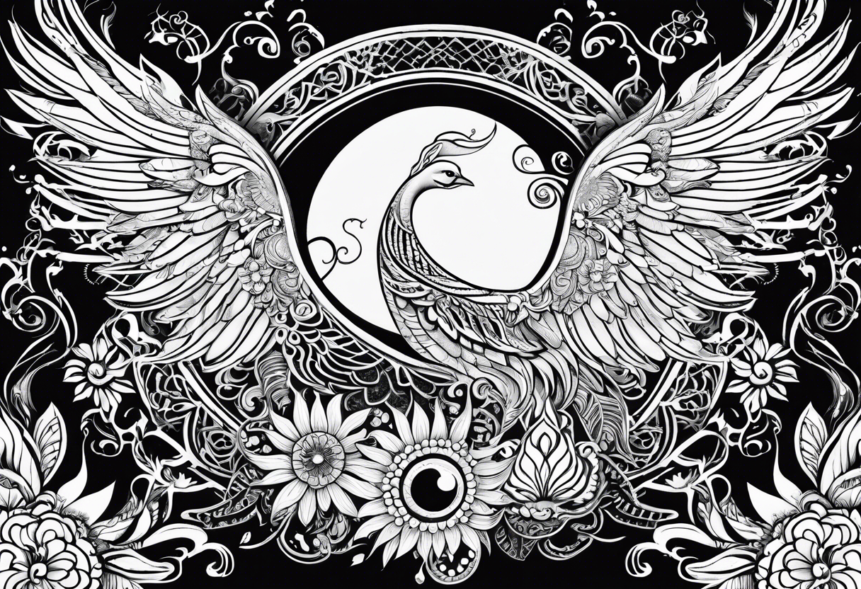 Tribal bohemian feminine impowering Phoenix rising with smoke, fire, mandala sun, floral, lace background, solar eclipse tattoo idea