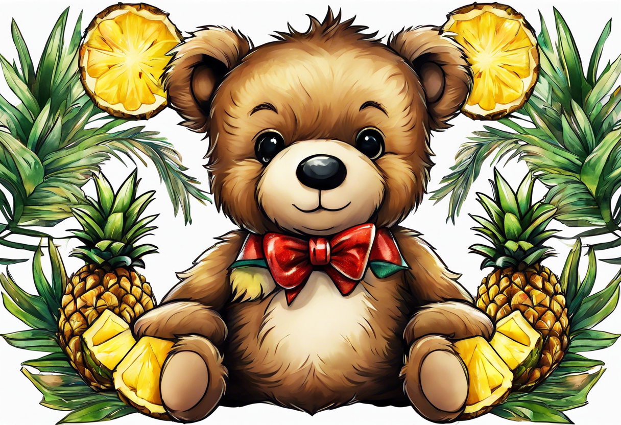 Teddy Bear biting pineapples tattoo idea