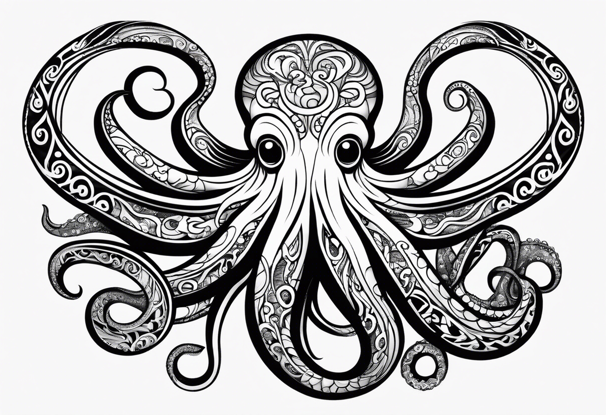 Hawaii tribal octopus with thick lines, less detail, and water waves tattoo idea