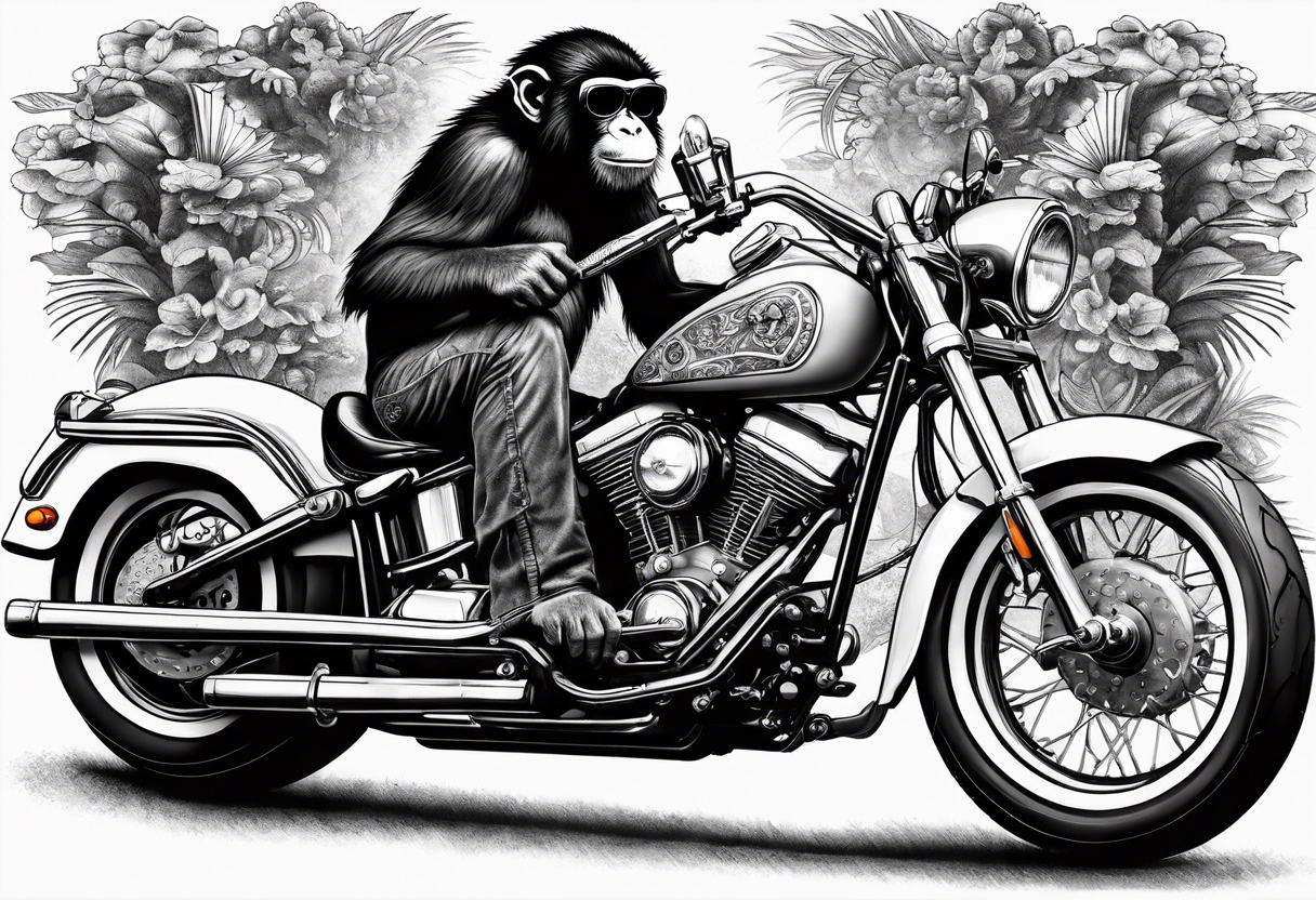 Monkey riding a chopper motorcycle with sunglasses on, a cigarette hanging out of his mouth tattoo idea