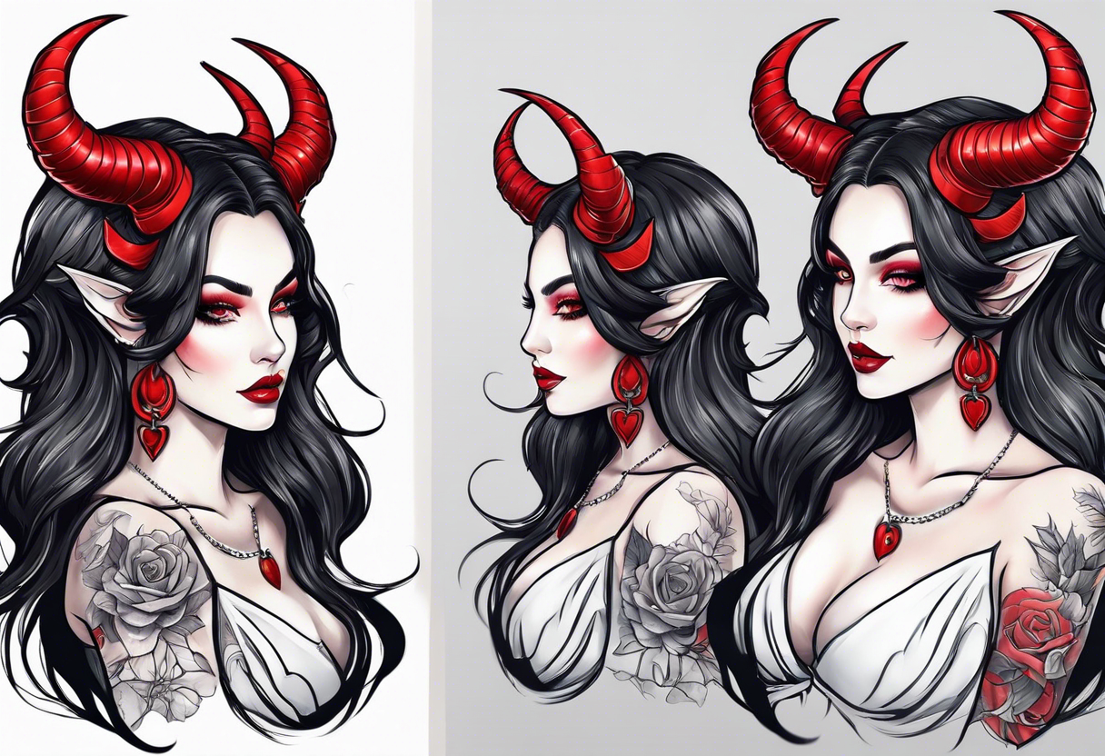 succubus with red horns in a portrait tattoo idea