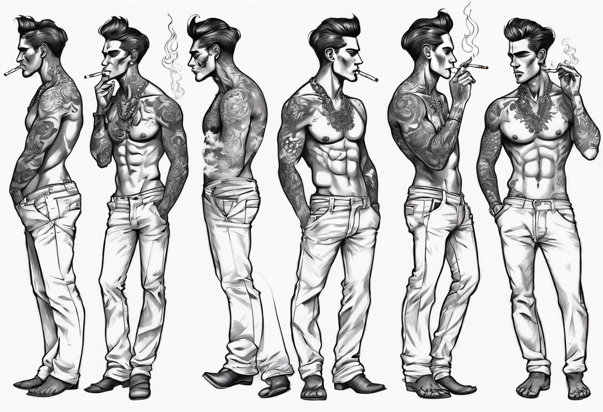 One handsome man with bare torso, full-length, no hat, earrings in his ears stands smoking a cigarette tattoo idea