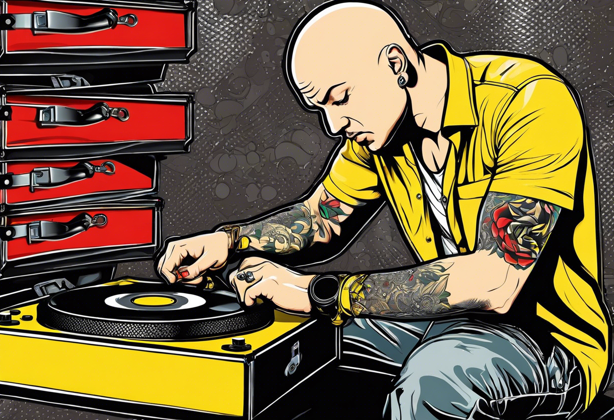 a bald german dj with handcuffs on in a bright yellow shirt with red shoe boxes around him tattoo idea