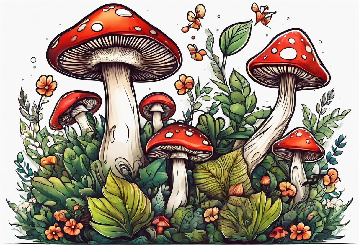 Happy anthropomorphic mushroom surrounded by smaller plants tattoo idea