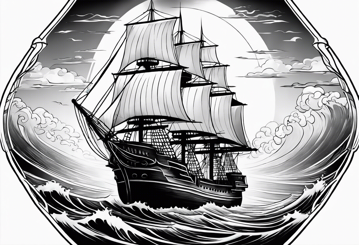 huge ship hitting in the sea with sun on the sky
without many details tattoo idea