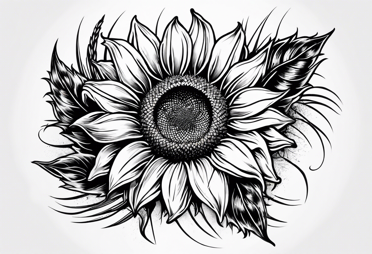 Sunflower, wheat, horseshoe, and barbed wire half sleeve tattoo idea