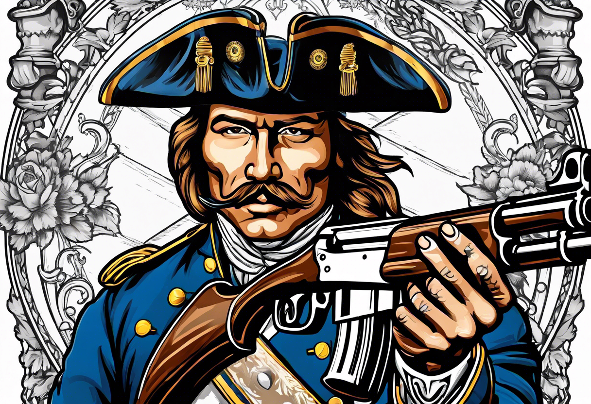 charging ,
revolutionary war colonial soldier, Skull face,  Ar-15,  Liberty Bell Liberty or death tattoo idea