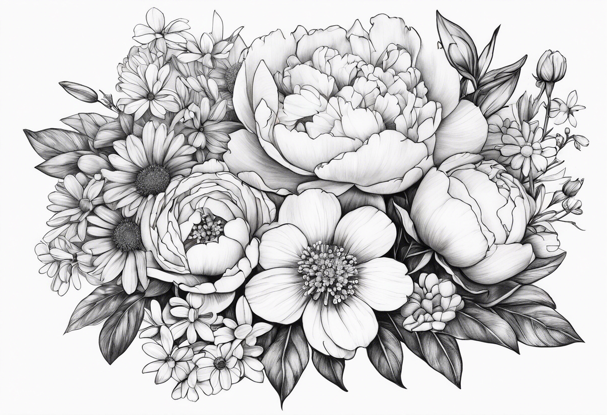 Bouquet, peonies, roses, daisies, forget me nots tattoo idea