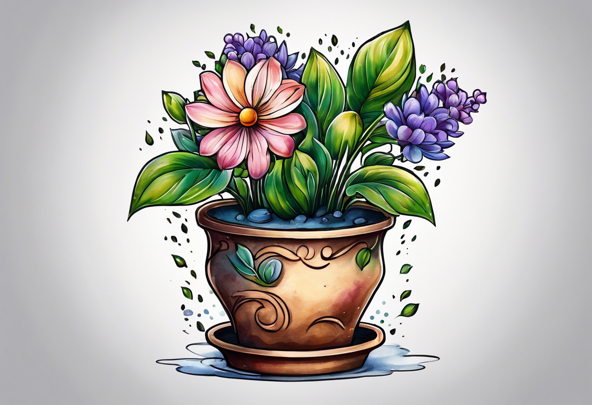 a flowerpot with a small flower coming out of it, just about to bloom. i would like the text, "a flower's gonna bloom real soon" around it tattoo idea