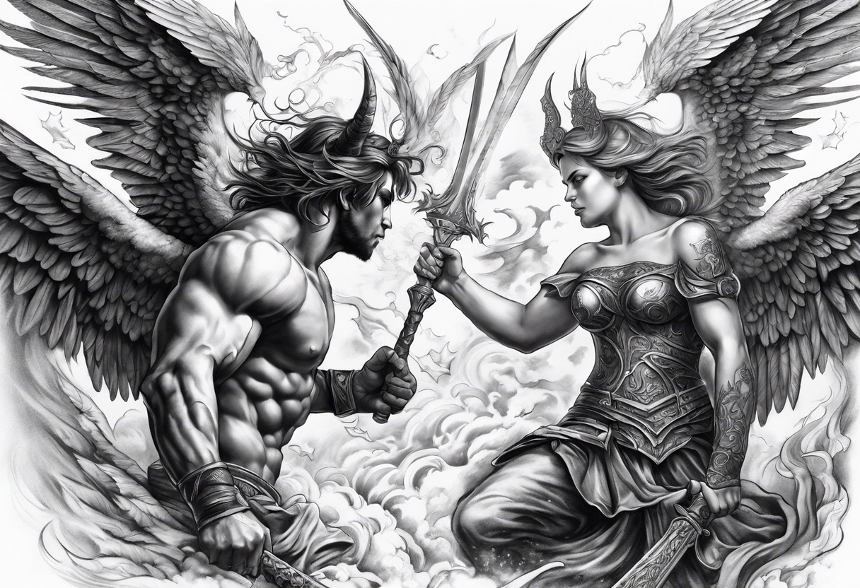 Angel vs demon battle scene half sleeve tattoo idea