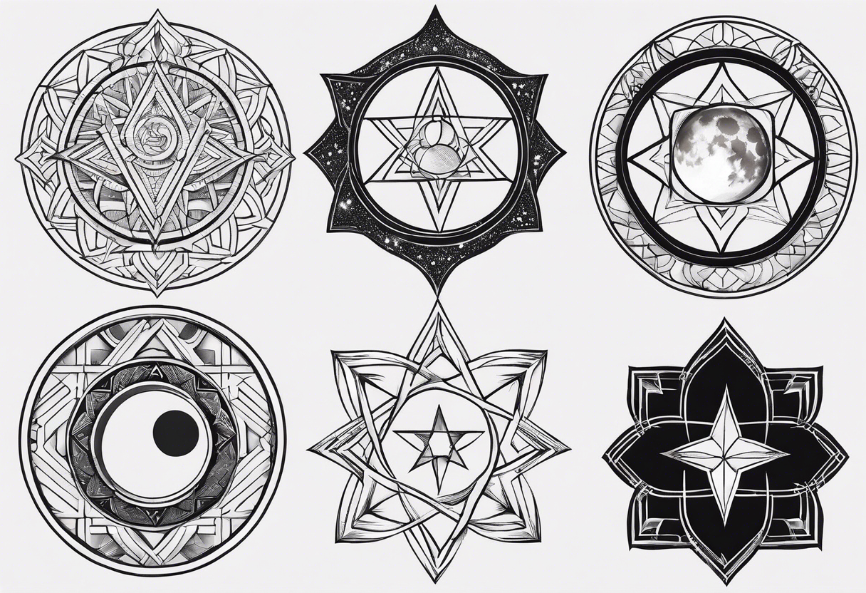 Astrological symbols of the moon sun stars, Esotericism and magic, Tattoo  designs, Vector linear illustration. All-seeing eye Pentagram Stock Vector  Image & Art - Alamy