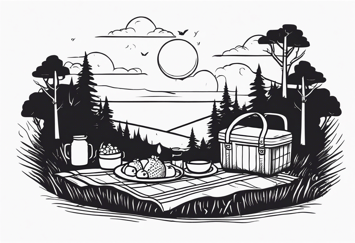 Very fine-lined minimalstic picnic scene in nature. A blanket on the ground with one picnic-basket with lid, one backpack, pillows and party tennants in the trees. tattoo idea