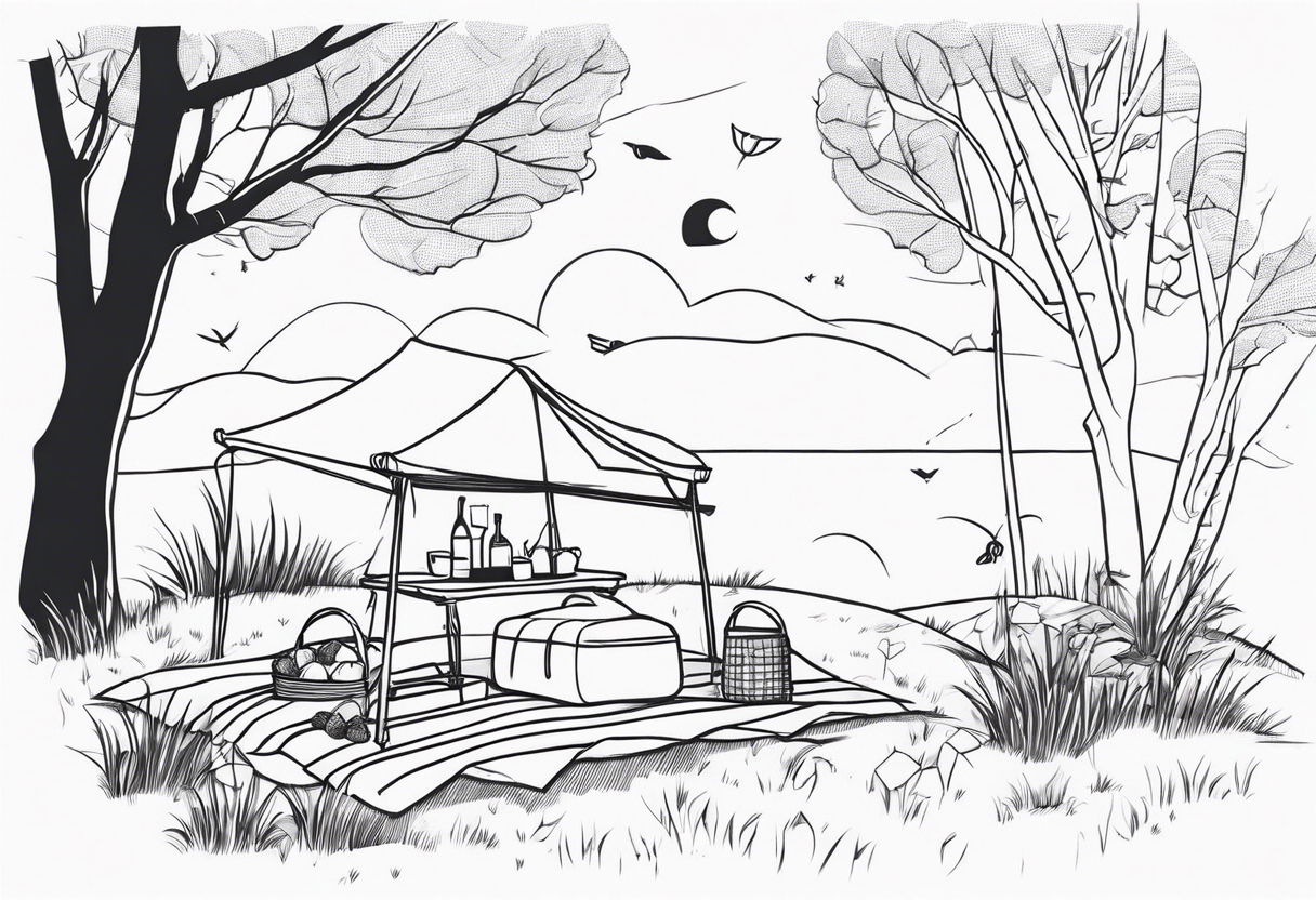 Very light and minimalstic picnic scene in nature. A blanket, picnic-basket with lid, pillows and pennants. Thin lines. tattoo idea