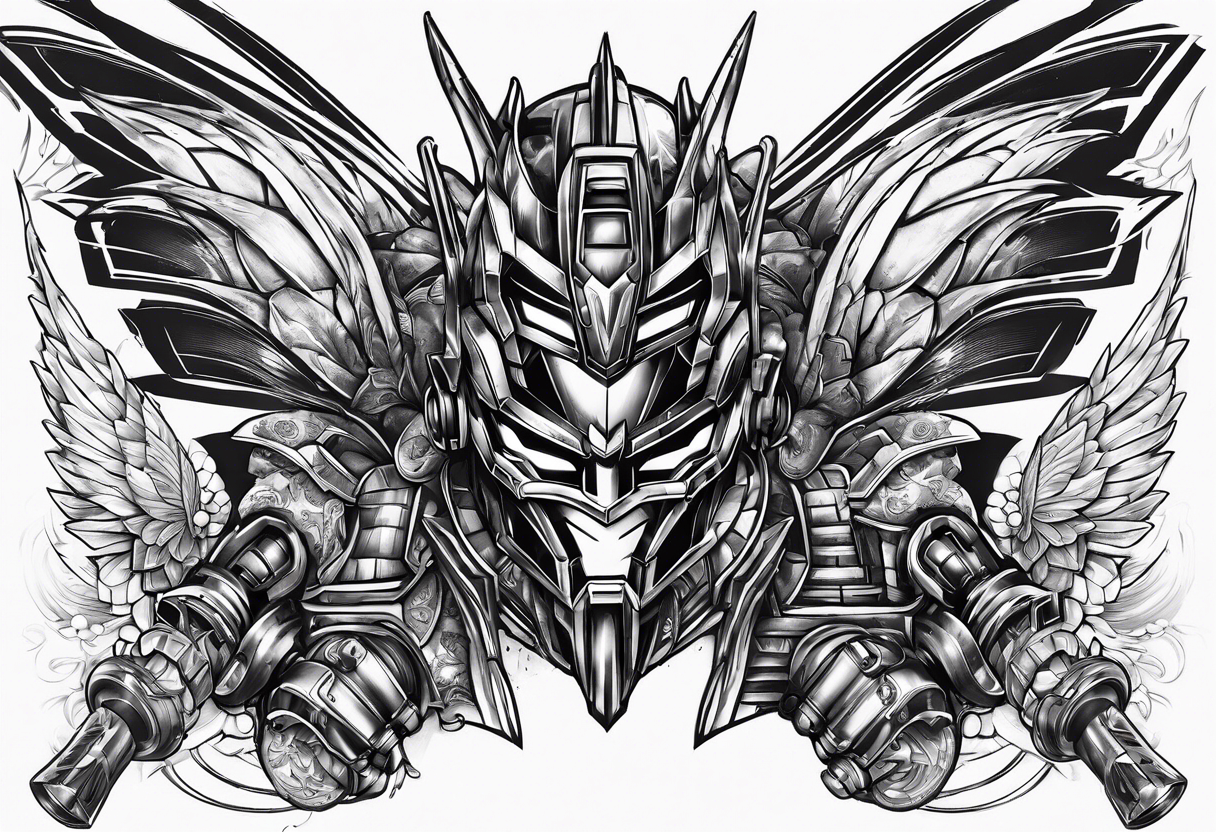 Optimus prime holding Sonic the hedgehog, a butterfly, saxophone, power ranger tattoo idea