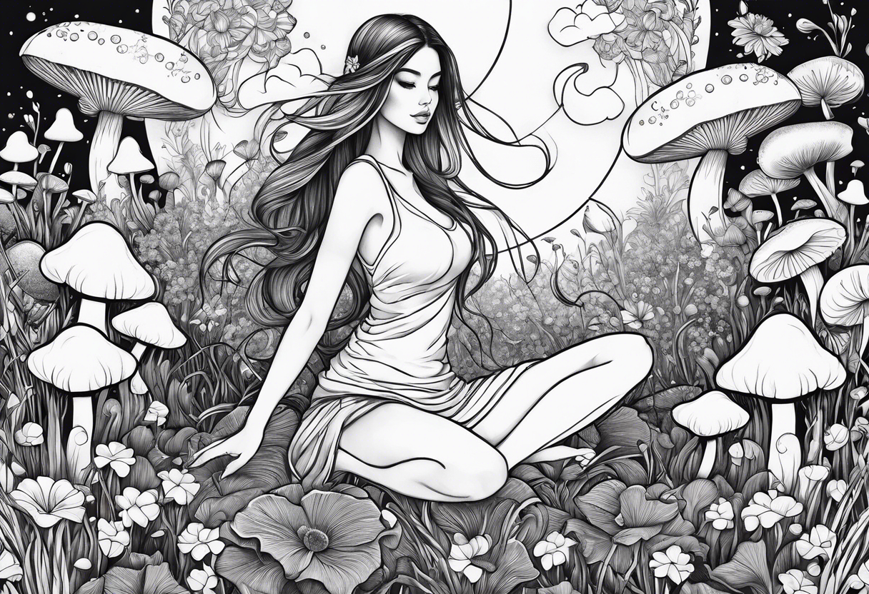 Girl sitting lotus position in field of mushrooms tattoo idea