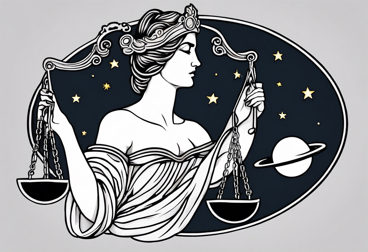 Themis holding the scales of justice while blindfolded with a moon in the background in color tattoo idea