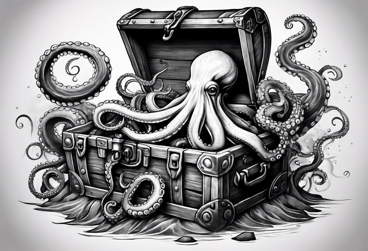 An octopus entwined around an old shipwreck or a treasure chest, evoking themes of mystery and the deep sea. tattoo idea