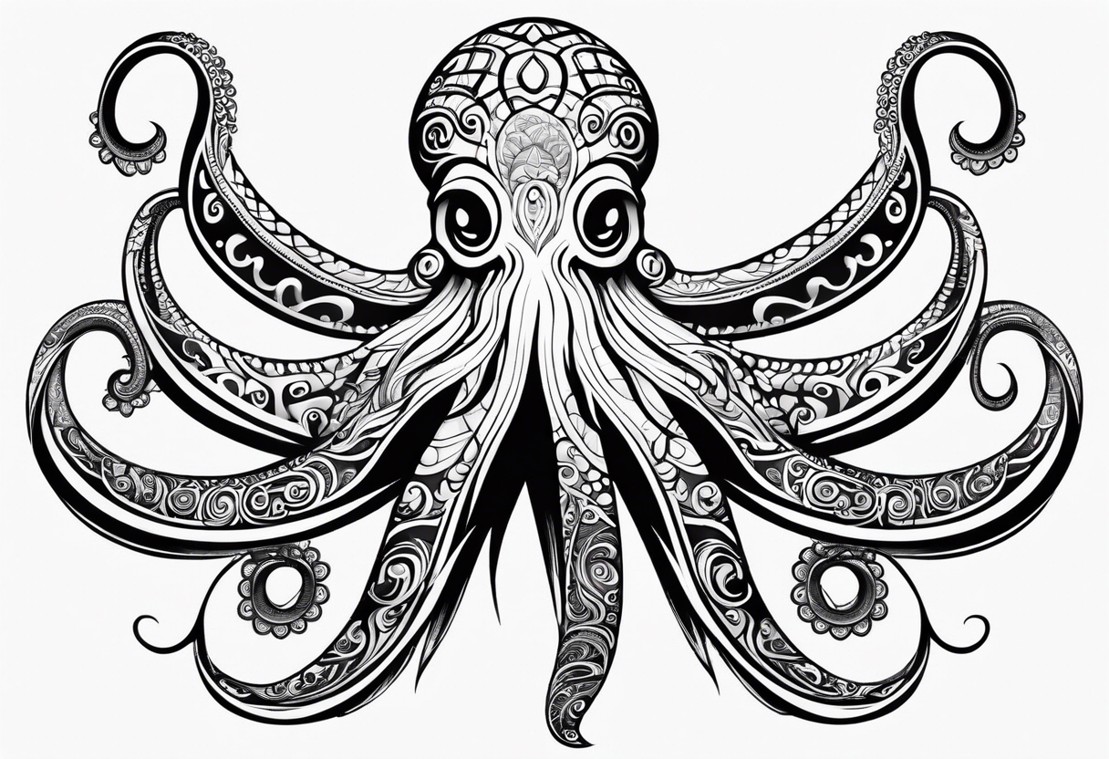 Hawaii tribal octopus with thick lines, less detail, and water waves tattoo idea