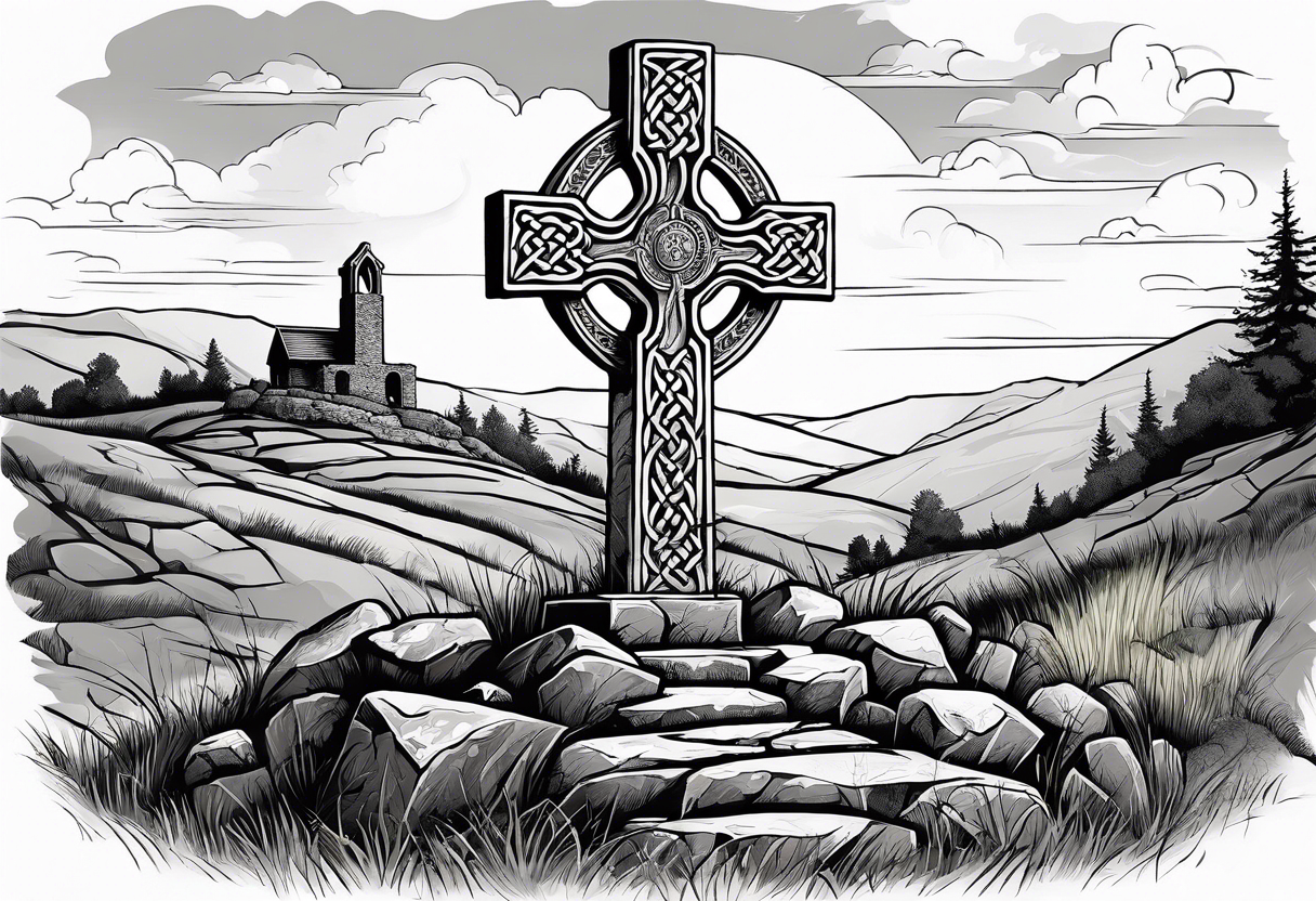 A stone Celtic cross standing solemnly atop a hill. A ruined stone wall lies crumbling near the cross tattoo idea