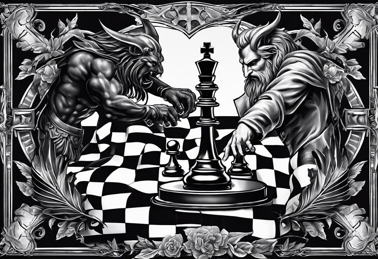 an angelic hand making a strategic move on one side of the chessboard, while the demonic hand on the other side counteracts, symbolizing the timeless struggle. tattoo idea