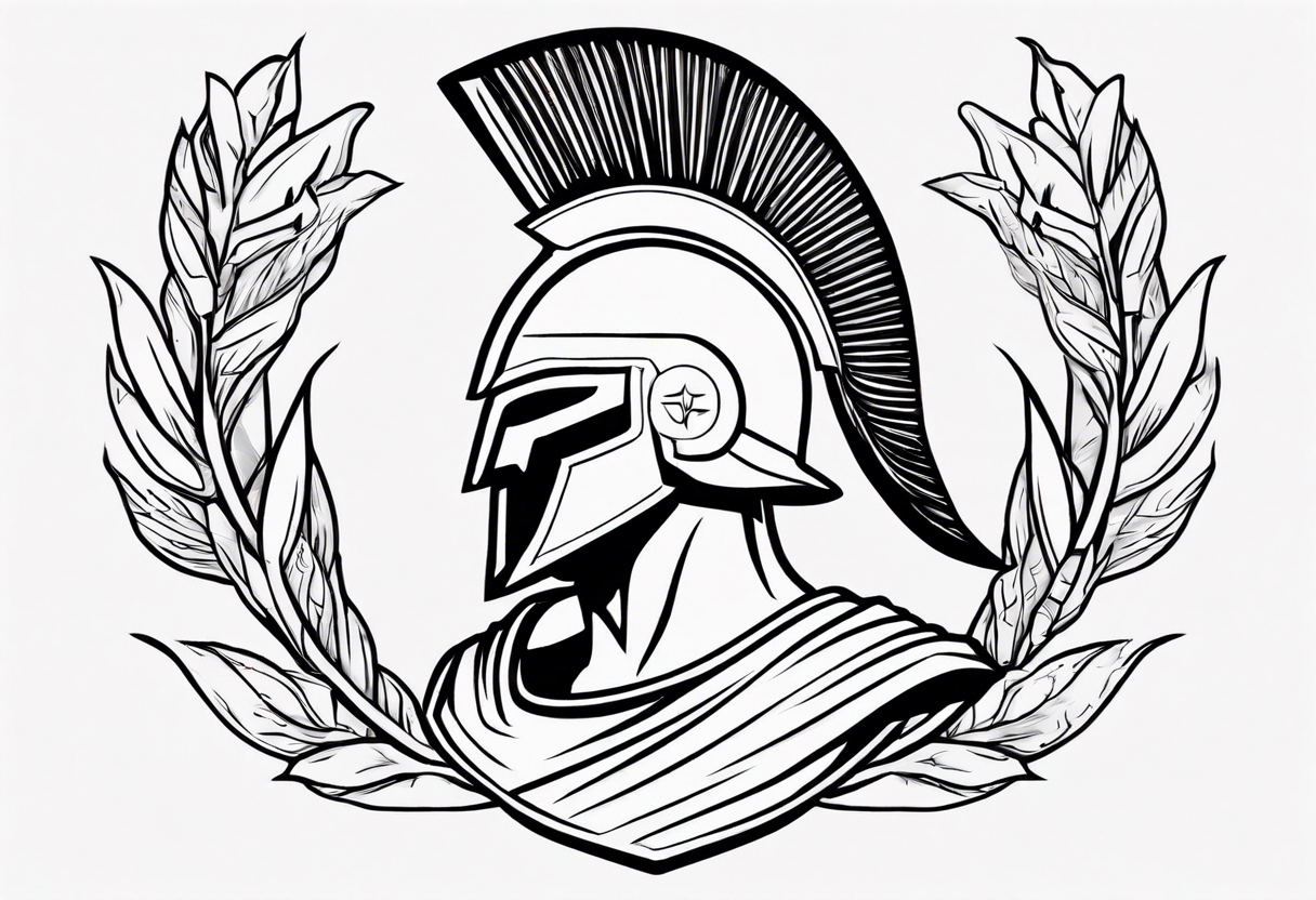 rectangular landscape format ultra-fine line linework vector of a spartan from the side, spartan spear, spartan shield, laurel wreath tattoo idea