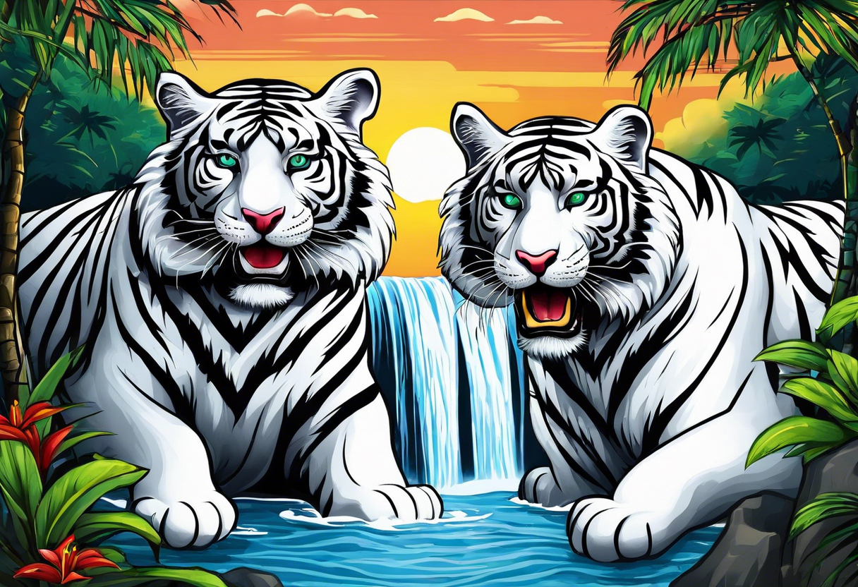 Two tigers: a white tiger and black tiger on opposite sides of a waterfall with an calligraphy ink container at the top and the Bahamas and Jamaica flag on opposite sides. tattoo idea