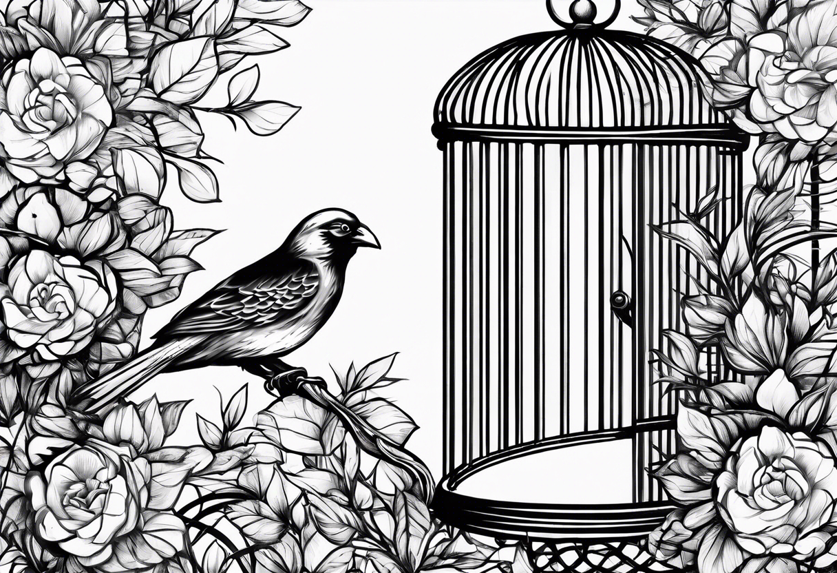 big bird in a long but too small cage for him. the bird seats in the cage and the wings of the bird passing threw the bars of the cage.
 Add decoration outside the cage like flowers or foliage tattoo idea