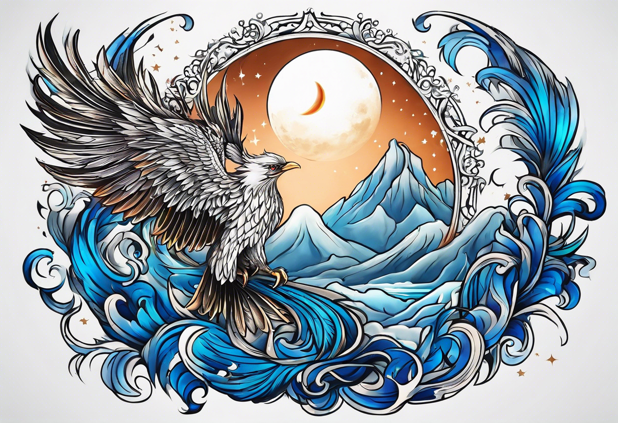 phoenix sur une lune bleu tattoo idea