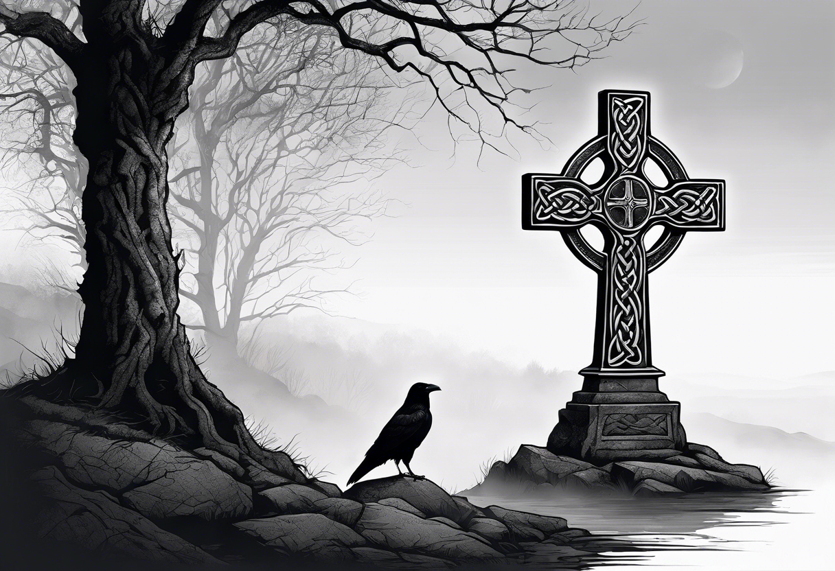 A stone Celtic cross, standing alone in the fog, with a raven perched on the arm of the cross tattoo idea