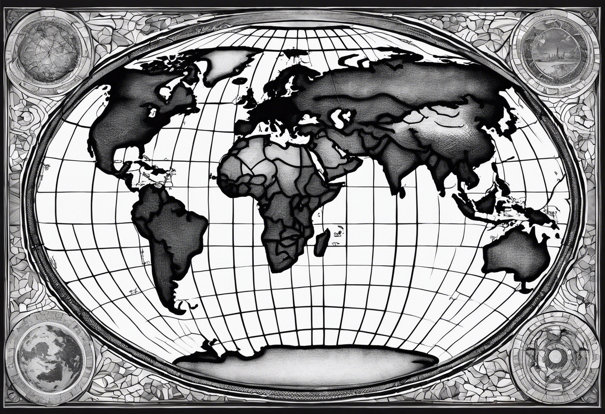 the earth on a flat map with light fading shading placed on a grid with only the lines with accurate depictions of the borders in countries while having it in an oval/circular position tattoo idea