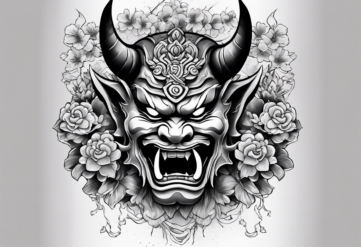 Oni mask with a background of Japanese temples and cherry blossoms tattoo idea