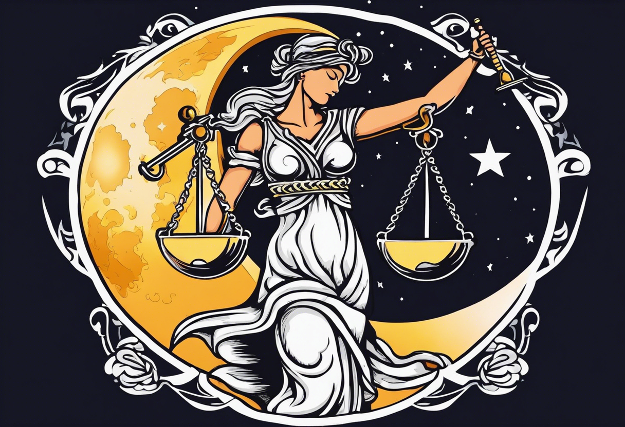 Themis holding the scales of justice while blindfolded with a moon in the background in color tattoo idea