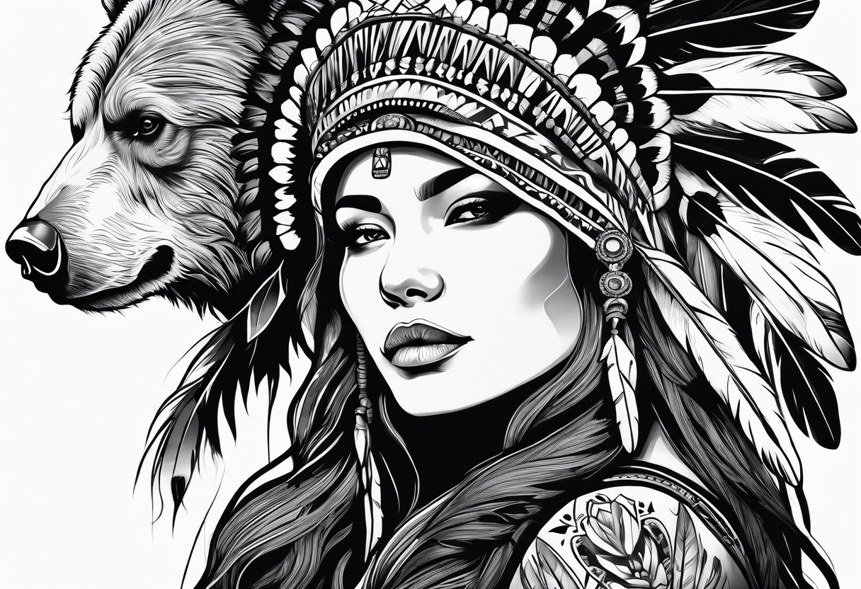 Native style bear pelt with woman and traditional headdress tattoo idea