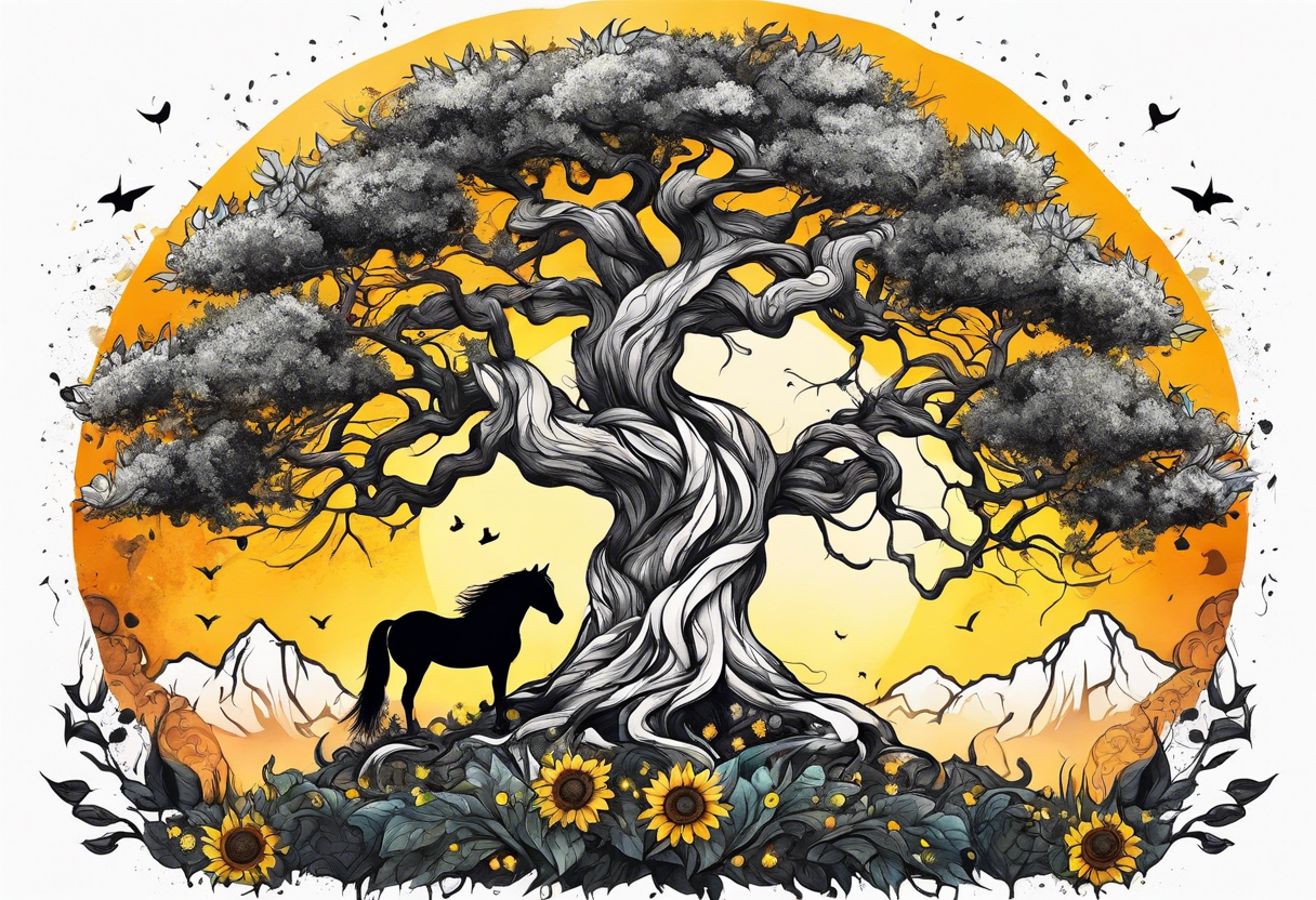 Yggdrasil tree, horse in front of it, and sunflowers tattoo idea