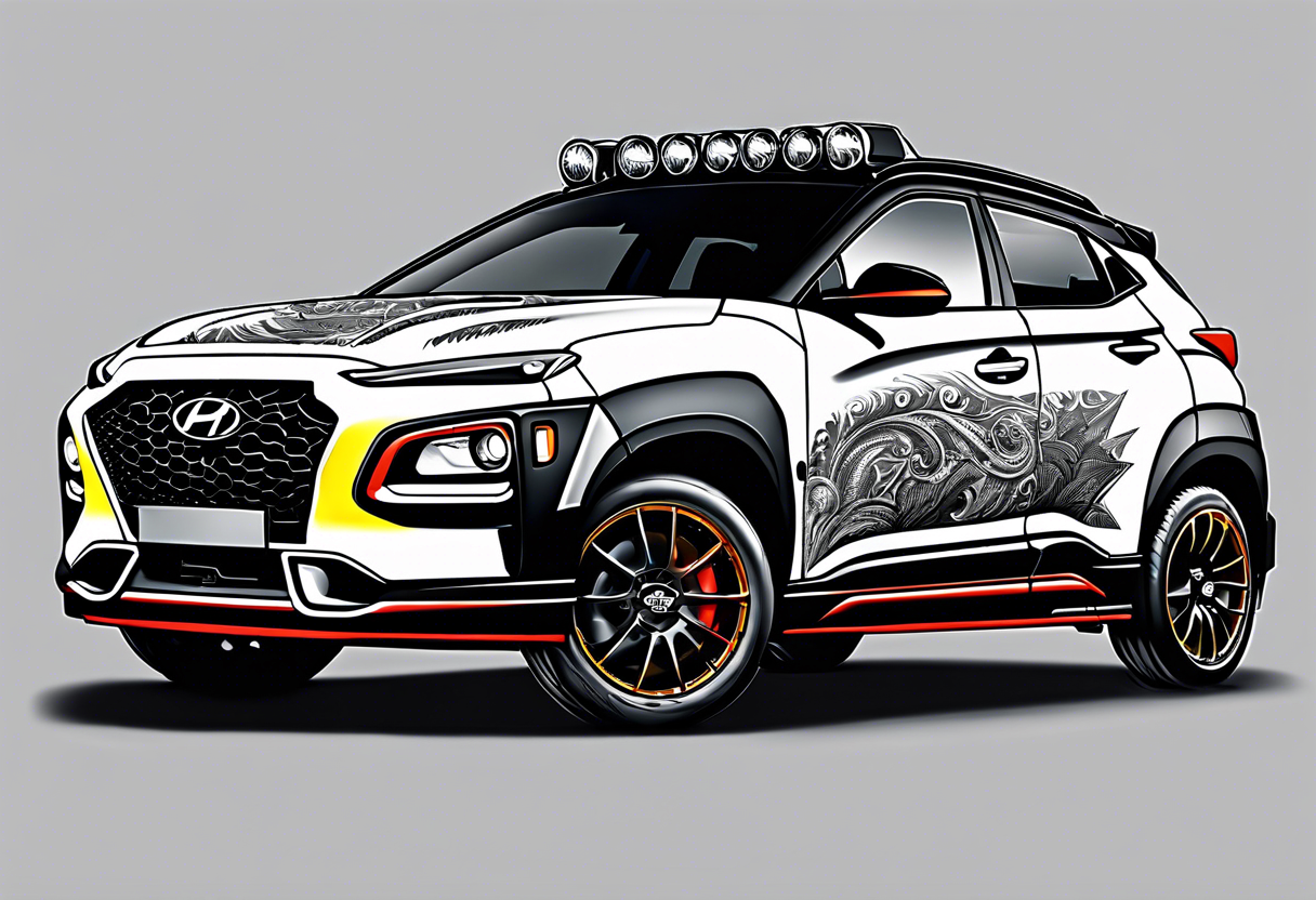 hyundai kona rally muscle car with lightning bolts with a tubocharger in the hood tattoo idea