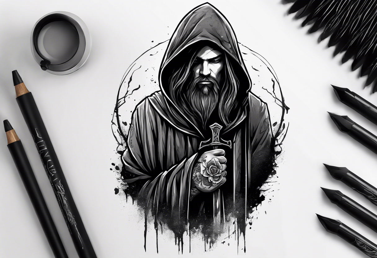 Hooded figure with shaded face carrying staff and wearing a long torn cloak tattoo idea