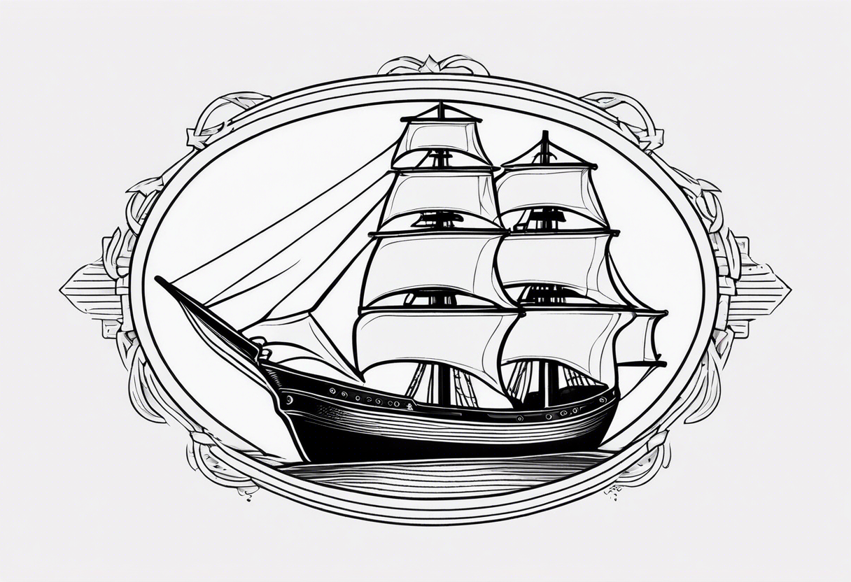 american traditional ship. oval border long wise, tattoo idea