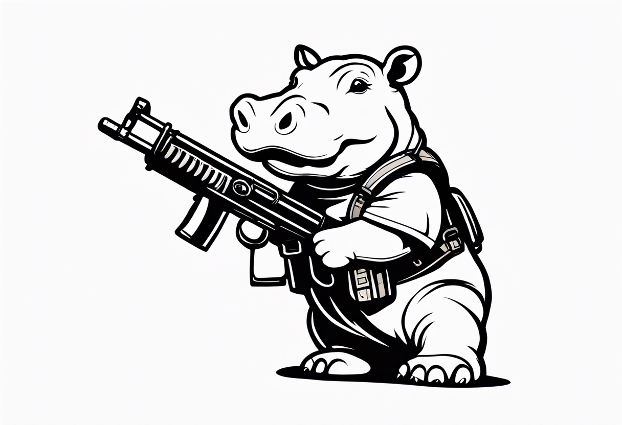 Baby hippo wearing overalls with bandolier over chest and holding a machine gun tattoo idea