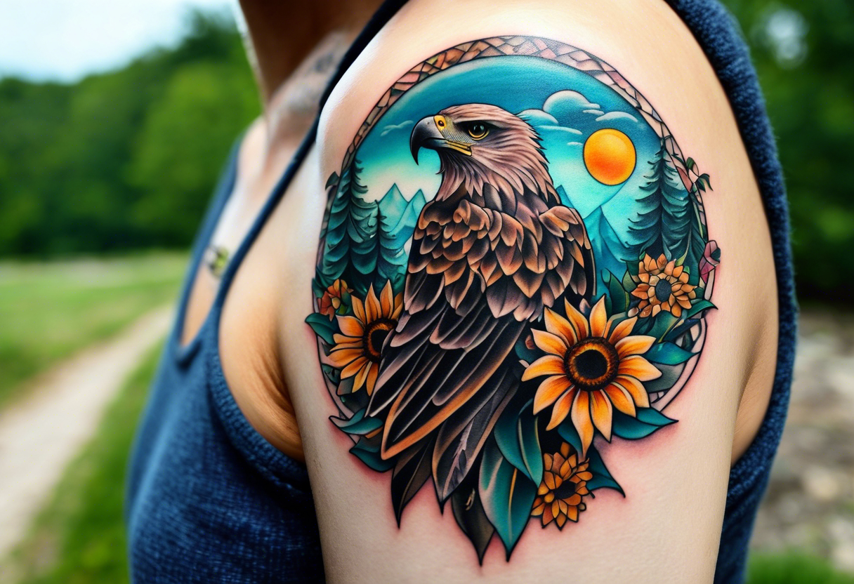 Small norma arm tattoo. Black kite (Daya's name), nature (trees/sea), small sunflower. Soft colours tattoo idea