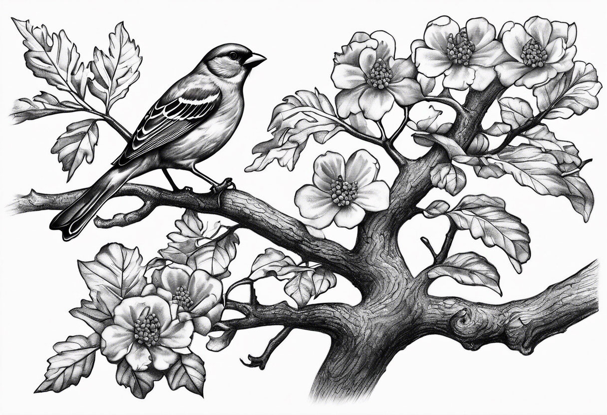 oak tree with finch birds tattoo idea