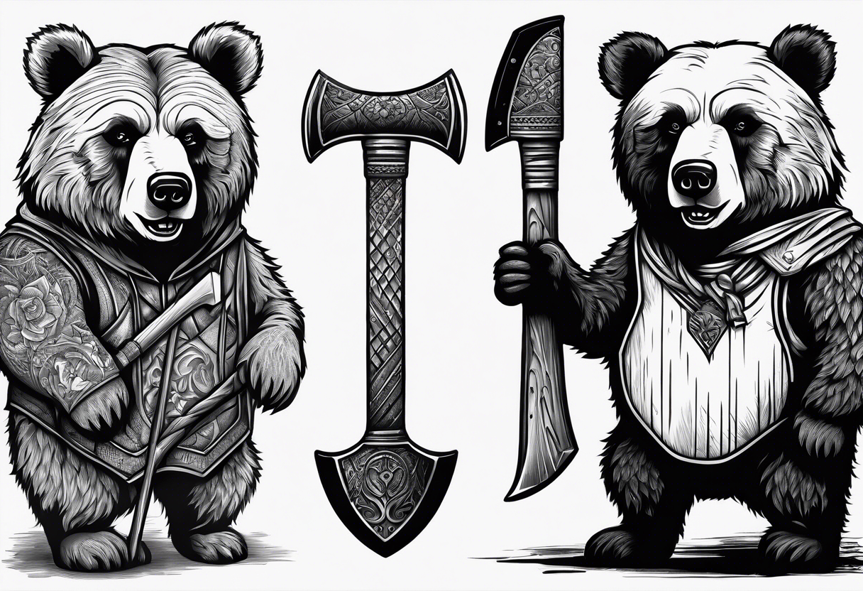 Vertically split half teddy bear and half grizzly bear holding a wooden axe tattoo idea