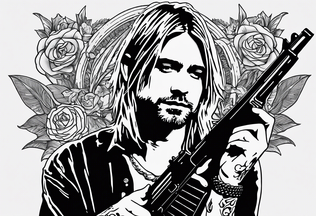 Kurt Cobain, slipping on a banana pill with a heroin needle in his arm, and a shotgun in the other arm tattoo idea