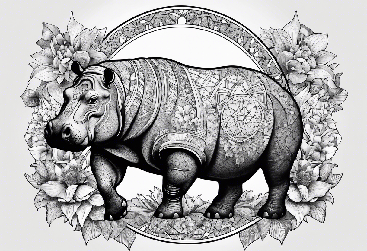 Hippo, flowers, moon, interstella, 
fine lines, tribal, geometric tattoo idea