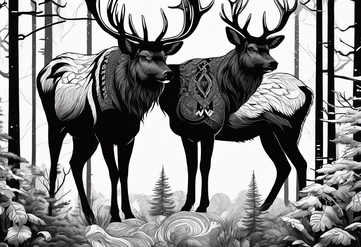 Make a tattoo of two norwegian elkounds standing in a forest. Make it a nordic themed tattoo tattoo idea