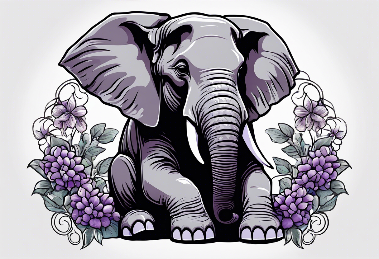 Seated elephant with raised trunk holding lilacs tattoo idea