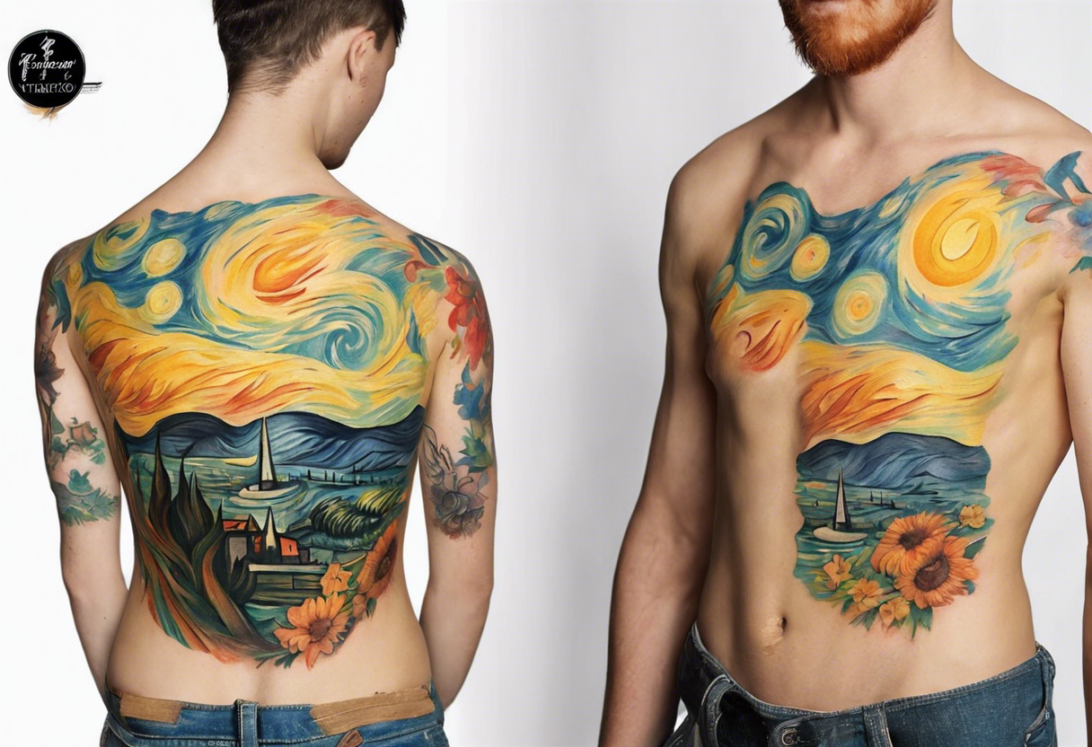 Create a colorful Vincent van Gogh's tattoo The intended placement is on the upper chest. The overall design should be small in size while maintaining a delicate and artistic aesthetic. tattoo idea