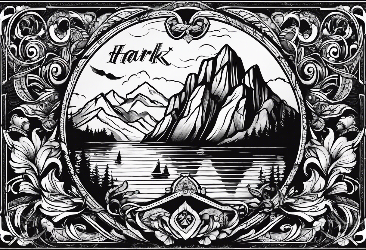 A tattoo with the word "HARK" include images related to rock climbing, traveling, and lakes tattoo idea