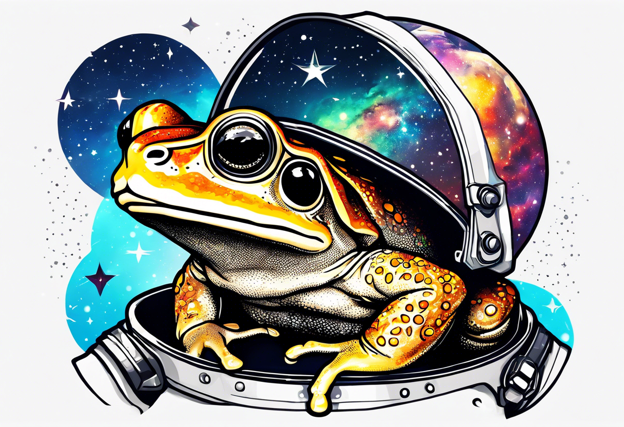 Toad with astronaut helmet looking at galaxy tattoo idea